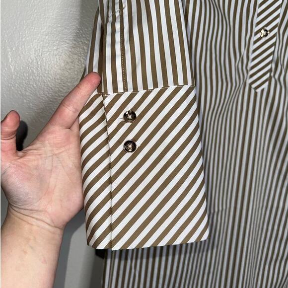 CK Bradley Ivy Dress Taupe Stripe Collared Button Front Size Small White - Picture 5 of 7